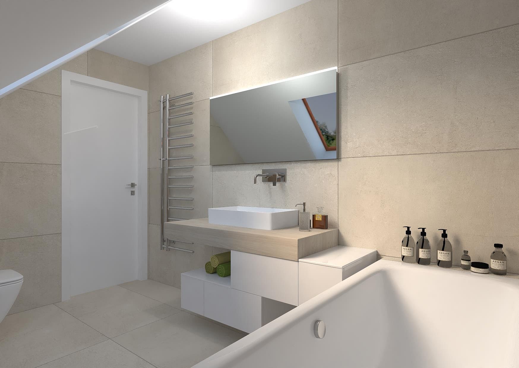 zkosená koupelna pohled umyvadlo